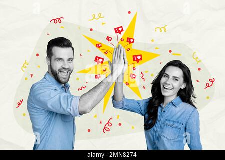 Photo collage image poster postcard of happy joyful people team celebrate success achievement isolated on painted background Stock Photo