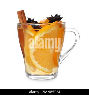 Aromatic mulled wine in glass cup isolated on white Stock Photo