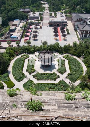 Aerial view from the Da Yan / Da Tan / popular; 'Giant Wild Goose' Pagoda looking down on the surrounding grounds of grounds gardens, parks and religious buildings of the Daci'en Temple, a Buddhist temple in Yanta District, Xian, China (125) Stock Photo