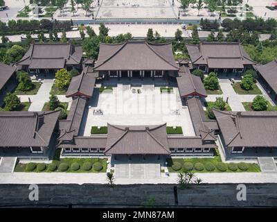 Aerial view from the Da Yan / Da Tan / popular; 'Giant Wild Goose' Pagoda looking down on the surrounding grounds of grounds gardens, parks and religious buildings of the Daci'en Temple, a Buddhist temple in Yanta District, Xian, China (125) Stock Photo