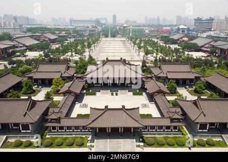 Aerial view from the Da Yan / Da Tan / popular; 'Giant Wild Goose' Pagoda looking down on the surrounding grounds of grounds gardens, parks and religious buildings of the Daci'en Temple, a Buddhist temple in Yanta District, Xian, China (125) Stock Photo