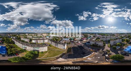 360 degree panoramic view of aerial full seamless spherical 360 hdri panorama view in city overlooking of residential area of high-rise buildings in equirectangular projection. ,