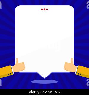 Big finger raised up pointing to whiteboard with information. White text holder behind hands contains main message. Empty speech bubble on bright Stock Vector