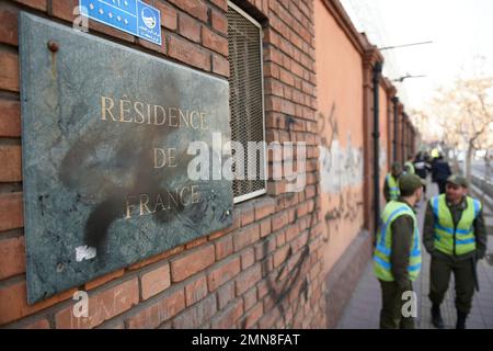 Tehran, Iran. 24th Jan, 2023. Protest against cartoons published by the French satirical magazine Charlie Hebdo that lampoon Iran's ruling clerics, in front of the French Embassy in Tehran. (Photo by Sobhan Farajvan/Pacific Press/Sipa USA) Credit: Sipa USA/Alamy Live News Stock Photo