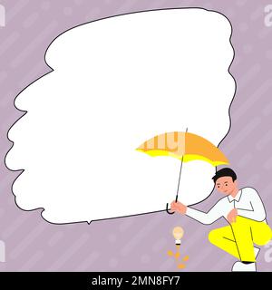 Yung man holding umbrella sitting and looking at rose. Save the flower from rain. Blank white space for text on colored background. Brand new Stock Vector