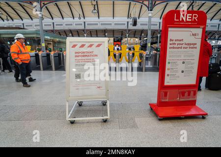 Newcastle upon Tyne, UK. 30th January 2023. A sign at Newcastle Central train station announces LNER's limited service on 1st and 3rd February this week, due to strike action by RMT and ASLEF over pay and conditions. Credit: Hazel Plater/Alamy Live News Stock Photo