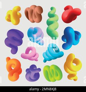 3D abstract fluid shape, colorful twisted clipart vector set Stock Vector