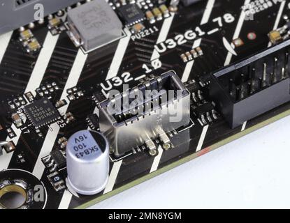 Close up USB type E female connector interface on modern high performance computer mainboard. Stock Photo