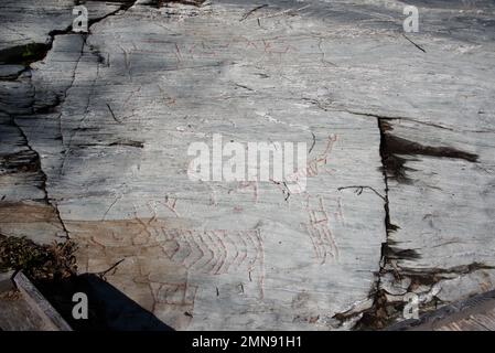 Almost 7000 years ago  stoneage fishermen and Reindeer herders made famous Kirkely rock carvings near Tennes in Balsfjord in Nord Norway Stock Photo