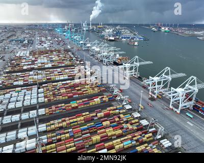 Rotterdam, 19th of January 2023, The Netherlands. Aerial Drone Footage of ECT Delta Terminal: The Future of Container Shipping Stock Photo