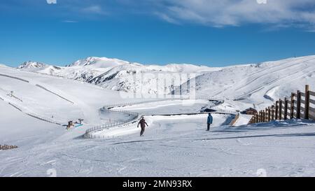 Panoramic view of the snowy slopes at the top of the ski resort of Grandvalira, Pyrenees, Andorra. Stock Photo
