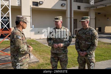 The command team from 311th Signal Command, which included Brig. Gen. Kevin Meisler and Command Sgt. Maj. Jonathan DeHart visited the 41st Signal Battalion and had the opportunity to to recognize and give coins to some soldiers there. Stock Photo