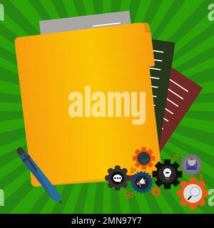 Paper sheets with text laying on bright colored background. Pencil draws main message. Notebook contains important information. Empty Space For Stock Vector
