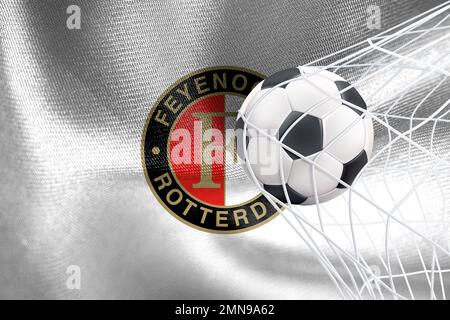 UEFA Champions League 2023, Feyenoord flag with a soccer ball in net, UEFA Wallpaper, 3D work and 3D image. Yerevan, Armenia - 2023 January 27 Stock Photo