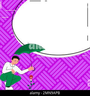 Yung man holding umbrella sitting and looking at rose. Save the flower from rain. Blank white space for text on colored background. Brand new Stock Vector