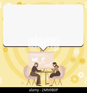 People sitting at table discussing latest news. White dialogue bubble contains important information. Empty big whiteboard for text on bright colored Stock Vector