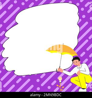 Yung man holding umbrella sitting and looking at rose. Save the flower from rain. Blank white space for text on colored background. Brand new Stock Vector