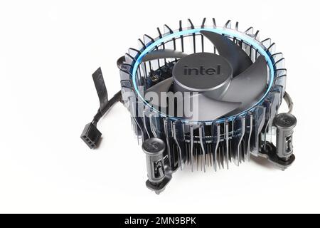 New Intel RM1 Hight performance active CPU cooler with fan, copper plate and aluminum fin. Stock Photo