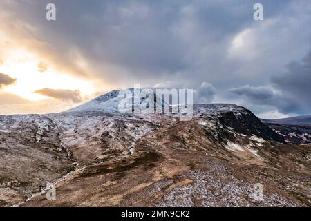 Aerial view of the snow covered Mount Errigal, the highest mountain in Donegal - Ireland Stock Photo