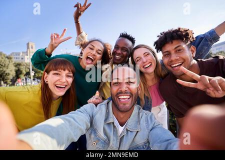 Multiethnic group of friends taking a selfie outside, having fun in sunny day.  Stock Photo