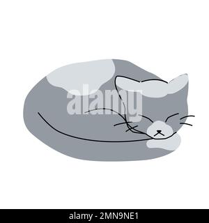 Illustration of cute grey cat taking a nap. Isolated trendy simple art, sleeping kitten. Stock Vector