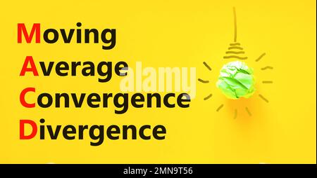 MACD symbol. Concept words MACD moving average convergence divergence on yellow paper on beautiful yellow background. Business MACD moving average con Stock Photo