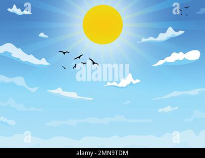 Vector day landscape cartoon sky clouds, crow, sun and sun rays background design. Stock Vector