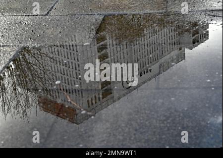 Berlin, Germany. 30th Jan, 2023. The Charite hospital building on the Berlin-Mitte campus is reflected in a puddle. Credit: Philipp Znidar/dpa/Alamy Live News Stock Photo