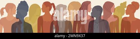 Communication group of multicultural diversity women and girls - face silhouette. Women day. Female social network community of diverse culture. Equal Stock Vector