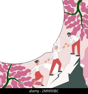 Thee Colleagues Climbing Upwards Mountain Reaching Success.White blank place for text on bright colored background. Partners Walking Up Peak Achieving Stock Vector