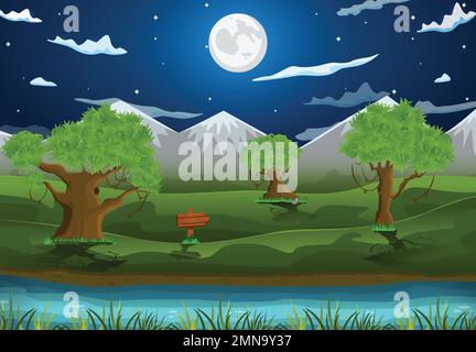 Vector illustration of cartoon night landscape background with full moon, stars, mountain, trees, lake, grass. Stock Vector