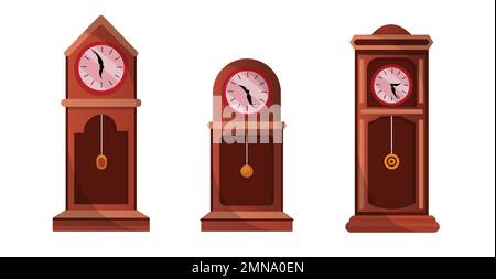 Antique old style cartoon pendulum clock cartoon set, vector clock cartoon set icon, antique clock. Stock Vector