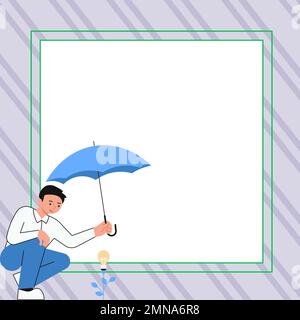 Yung man holding umbrella sitting and looking at rose. Save the flower from rain. Blank white space for text on colored background. Brand new Stock Vector