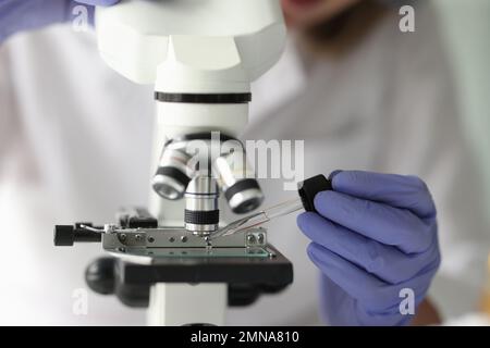 Scientist working with pipette and microscope in laboratory. Stock Photo