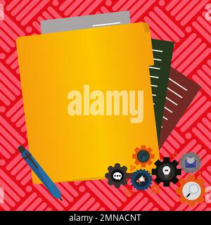 Paper sheets with text laying on bright colored background. Pencil draws main message. Notebook contains important information. Empty Space For Stock Vector