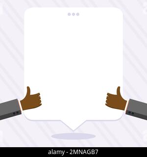 Big finger raised up pointing to whiteboard with information. White text holder behind hands contains main message. Empty speech bubble on bright Stock Vector
