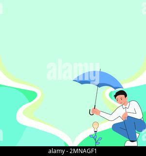 Yung man holding umbrella sitting and looking at rose. Save the flower from rain. Blank white space for text on colored background. Brand new Stock Vector
