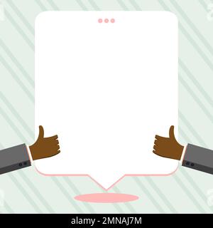 Big finger raised up pointing to whiteboard with information. White text holder behind hands contains main message. Empty speech bubble on bright Stock Vector