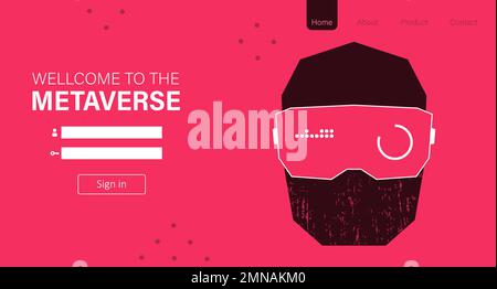 Metaverse landing page. Man with virtual reality VR goggle playing AR augmented reality game and entertainment, NFT game futuristic lifestyle Stock Vector