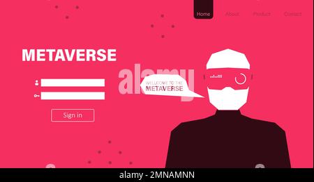 Metaverse landing page. Man with virtual reality VR goggle playing AR augmented reality game and entertainment, NFT game futuristic lifestyle Stock Vector