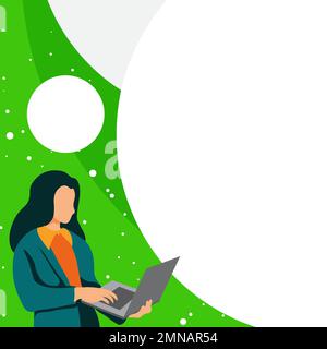 Businesswoman standing on the bright colored background. Woman holding laptop and typing text. Big white speech bubble contains important information Stock Vector