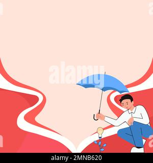 Yung man holding umbrella sitting and looking at rose. Save the flower from rain. Blank white space for text on colored background. Brand new Stock Vector