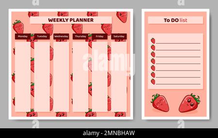 Weekly planner and To Do list for kids with strawberries. Stock Vector