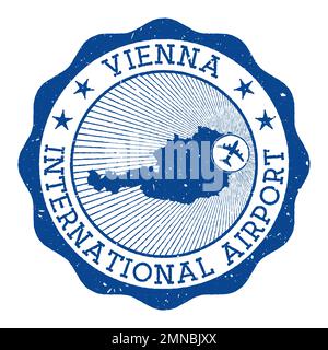 Vienna International Airport stamp. Airport of Vienna round logo with location on Austria map marked by airplane. Vector illustration. Stock Vector
