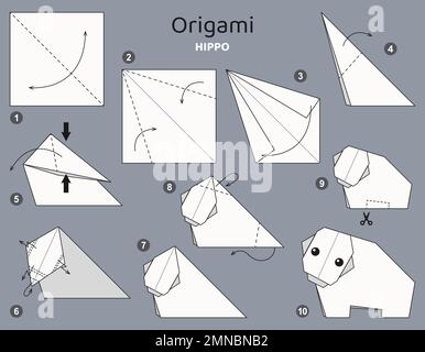 Origami tutorial. Origami scheme Hippo for kids . Stock Vector