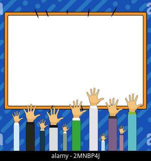 Hands raised up pointing to whiteboard with important information. Big white text holder behind main object contains message. Empty speech bubble on Stock Vector