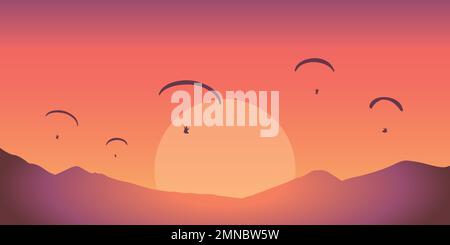 paragliding adventure in the mountains at red sunset Stock Vector