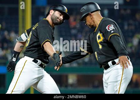 Pittsburgh Pirates Francisco Cervelli (29) and home plate umpire DJ  Reyburn, left, react after both being hit by a pitch as Toronto Blue Jays  catcher Dioner Navarro, centre, looks to help during