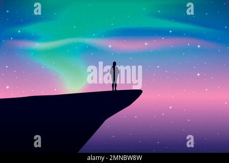 girl on a cliff looks in the colorful starry sky with aurora borealis Stock Vector