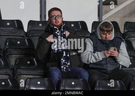 Derby, UK. 30th Jan, 2023. A Derby County fan fastens his scarf ahead of the Emirates FA Cup fourth round match Derby County vs West Ham United at Pride Park Stadium, Derby, United Kingdom, 30th January 2023 (Photo by Mark Cosgrove/News Images) in Derby, United Kingdom on 1/30/2023. (Photo by Mark Cosgrove/News Images/Sipa USA) Credit: Sipa USA/Alamy Live News Stock Photo